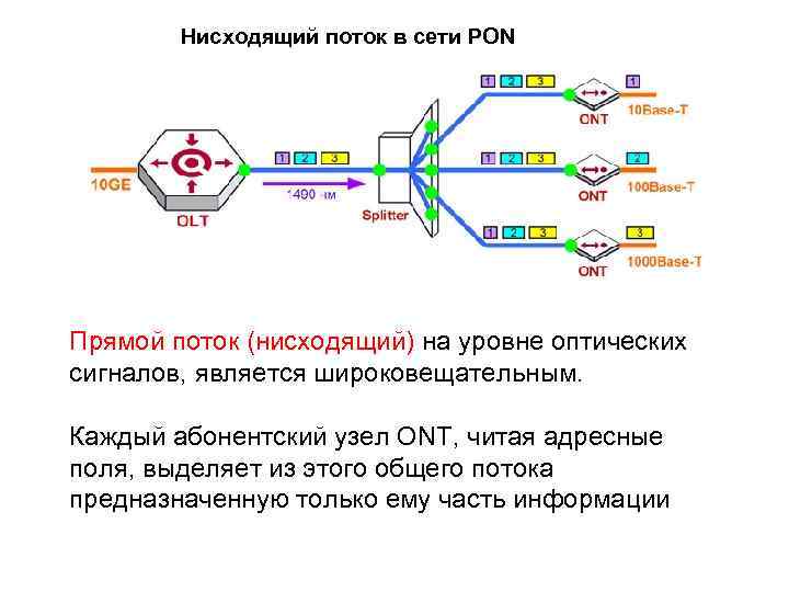 Нисходящий поток в сети PON Прямой поток (нисходящий) на уровне оптических сигналов, является широковещательным.