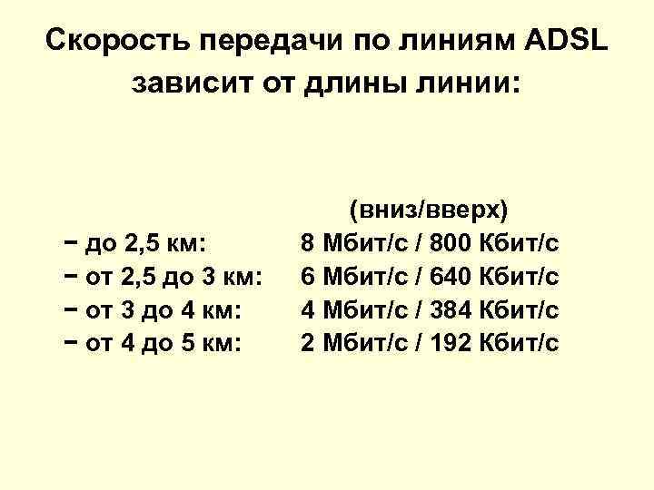 Скорость передачи по линиям ADSL зависит от длины линии: − до 2, 5 км: