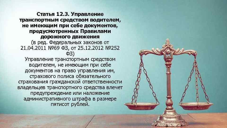 Статья 12. 3. Управление транспортным средством водителем, не имеющим при себе документов, предусмотренных Правилами