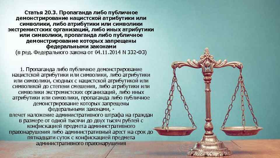 Статья 20. 3. Пропаганда либо публичное демонстрирование нацистской атрибутики или символики, либо атрибутики или