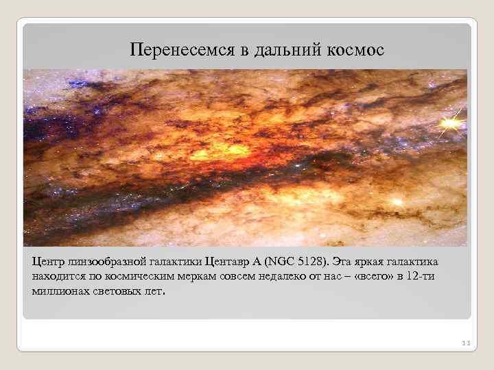  Перенесемся в дальний космос Центр линзообразной галактики Центавр A (NGC 5128). Эта яркая