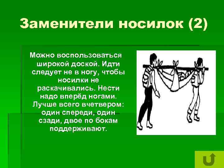 Заменители носилок (2) Можно воспользоваться широкой доской. Идти следует не в ногу, чтобы носилки