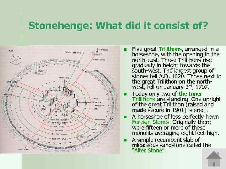 Stonehenge: What did it consist of? n n Five great Trilithons, arranged in a