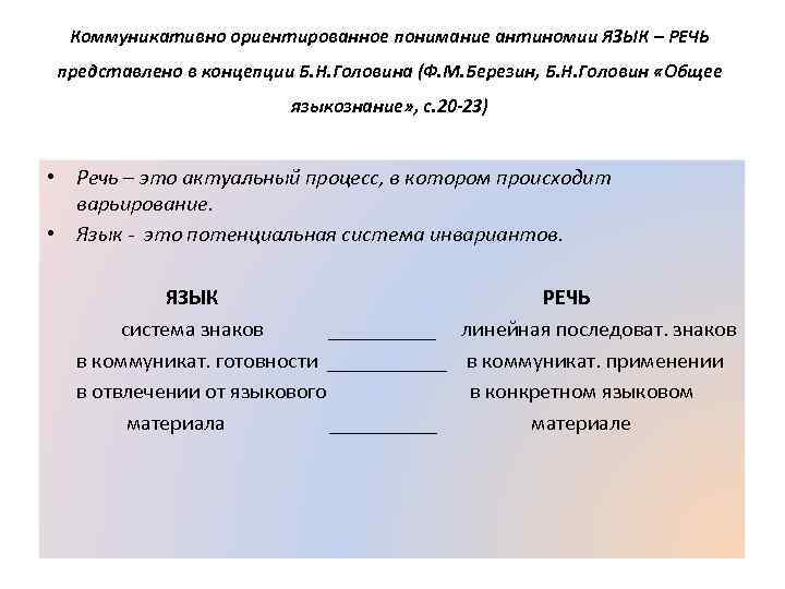 Коммуникативно ориентированное понимание антиномии ЯЗЫК – РЕЧЬ представлено в концепции Б. Н. Головина (Ф.