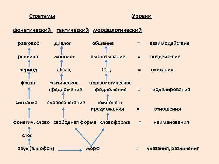  Стратумы Уровни фонетический тактический морфологический разговор диалог общение = взаимодействие реплика монолог высказывание