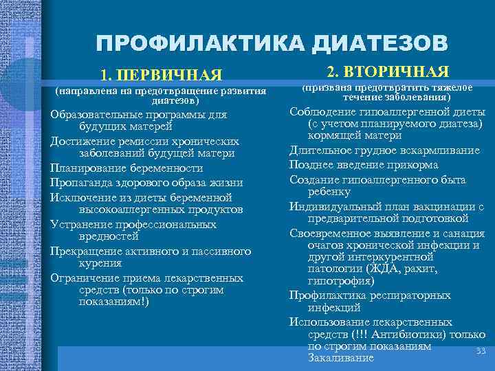 ПРОФИЛАКТИКА ДИАТЕЗОВ 1. ПЕРВИЧНАЯ (направлена на предотвращение развития диатезов) Образовательные программы для будущих матерей
