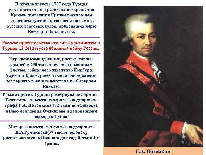 В начале августа 1787 года Турция ультимативно потребовала возвращения Крыма, признания Грузии вассальным владением