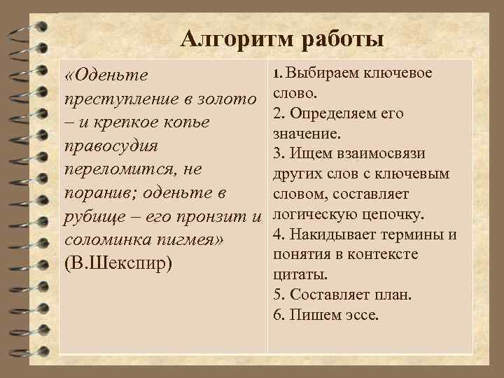 Алгоритм работы «Оденьте преступление в золото – и крепкое копье правосудия переломится, не поранив;