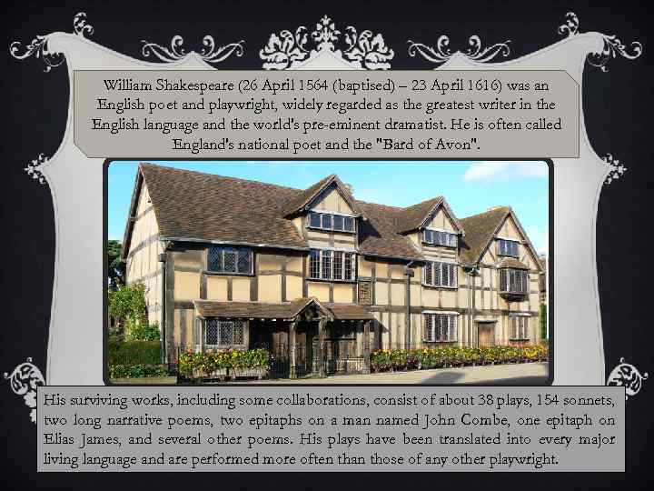 William Shakespeare (26 April 1564 (baptised) – 23 April 1616) was an English poet