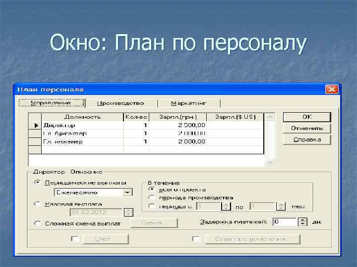 Окно: План по персоналу 