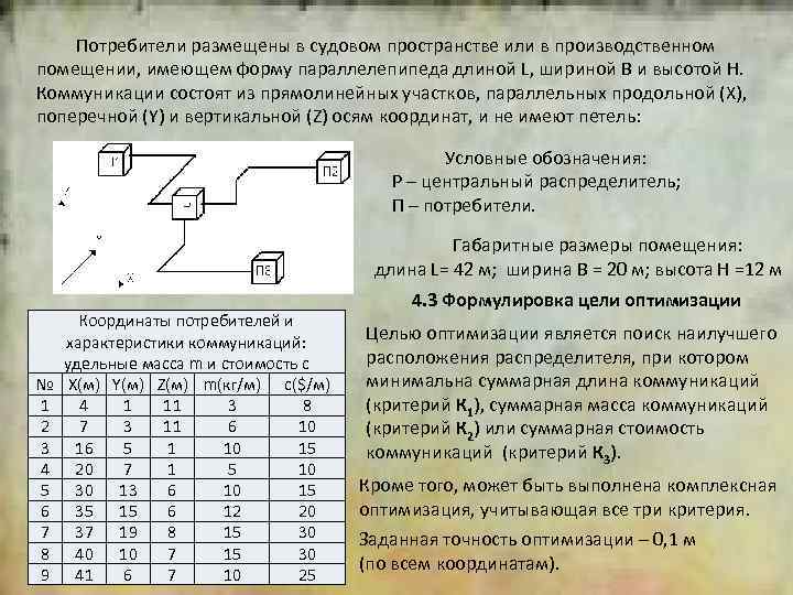 2 Потребители размещены в судовом пространстве или в производственном помещении, имеющем форму параллелепипеда длиной