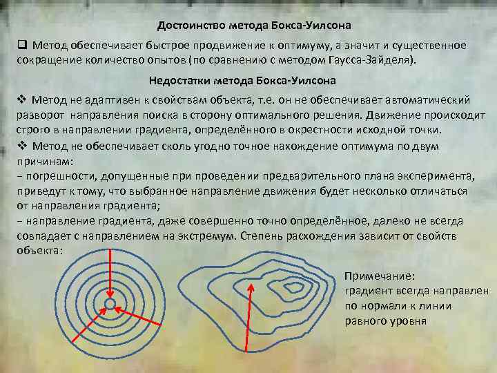 Достоинство метода Бокса-Уилсона 2 q Метод обеспечивает быстрое продвижение к оптимуму, а значит и