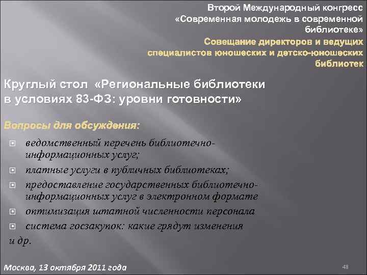 Второй Международный конгресс «Современная молодежь в современной библиотеке» Совещание директоров и ведущих специалистов юношеских