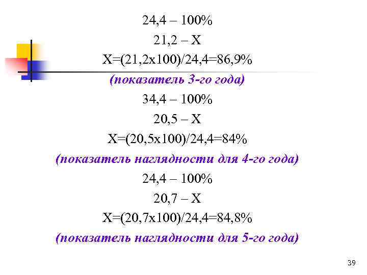24, 4 – 100% 21, 2 – Х Х=(21, 2 х100)/24, 4=86, 9% (показатель