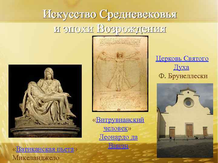 Искусство Средневековья и эпохи Возрождения Церковь Святого Духа Ф. Брунеллески «Ватиканская пьета» Микеланджело «Витрувианский