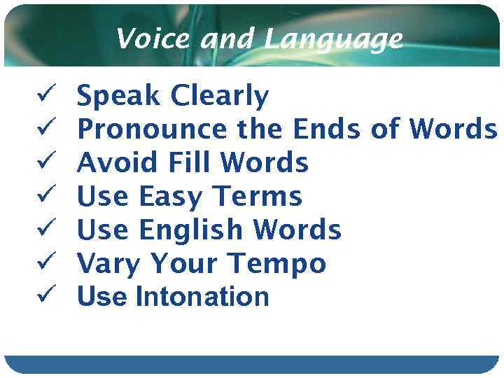 Voice and Language ü ü ü ü Speak Clearly Pronounce the Ends of Words