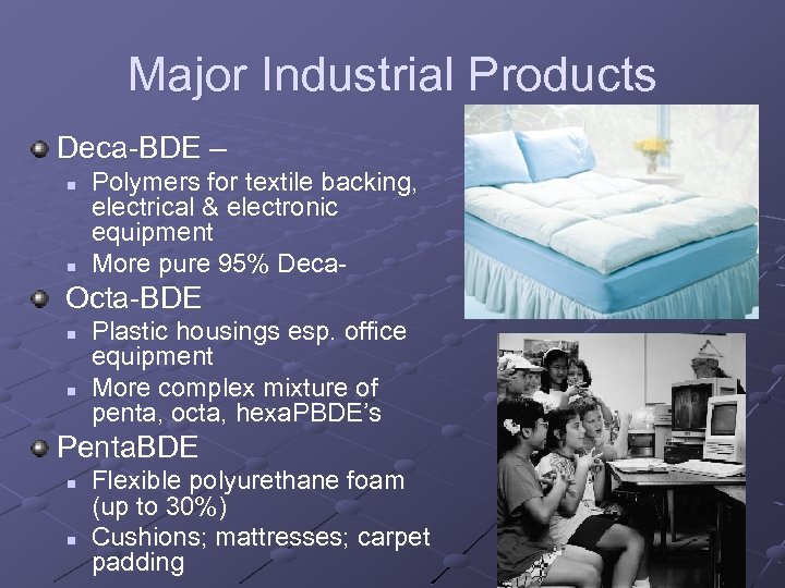 Major Industrial Products Deca-BDE – n n Polymers for textile backing, electrical & electronic