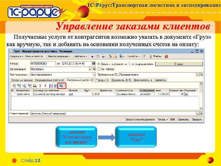 1 С: Рарус: Транспортная логистика и экспедирование Управление заказами клиентов Получаемые услуги от контрагентов