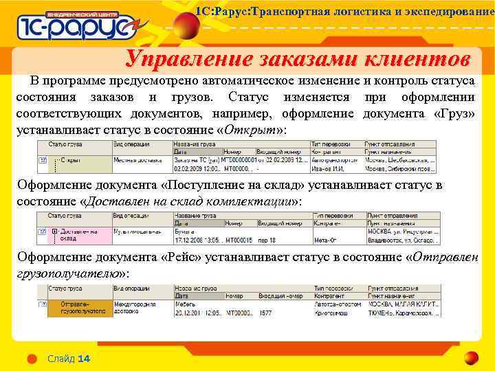 1 С: Рарус: Транспортная логистика и экспедирование Управление заказами клиентов В программе предусмотрено автоматическое