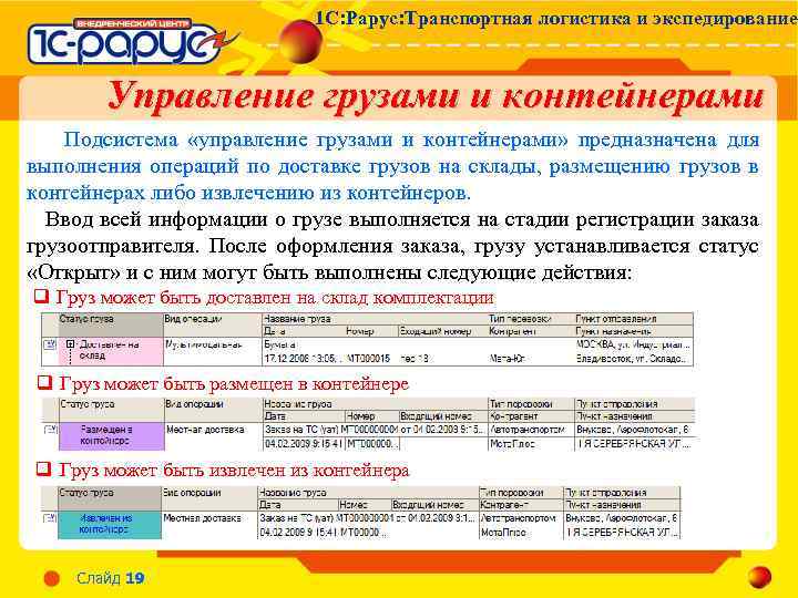 1 С: Рарус: Транспортная логистика и экспедирование Управление грузами и контейнерами Подсистема «управление грузами