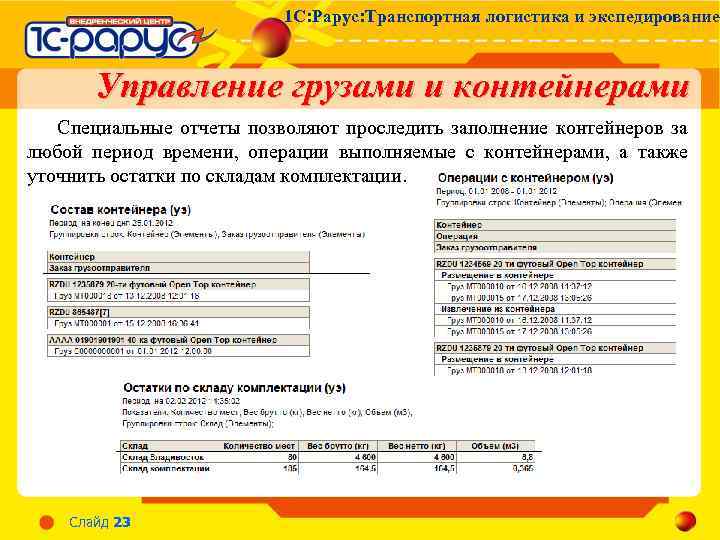 1 С: Рарус: Транспортная логистика и экспедирование Управление грузами и контейнерами Специальные отчеты позволяют