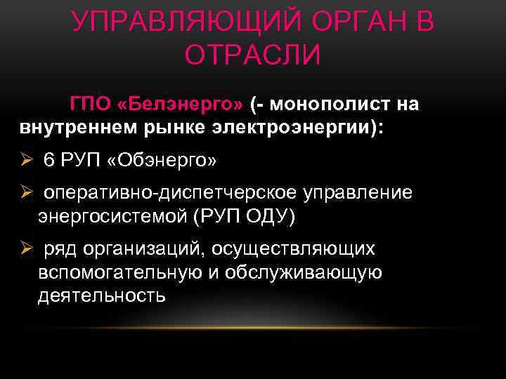 УПРАВЛЯЮЩИЙ ОРГАН В ОТРАСЛИ ГПО «Белэнерго» (- монополист на внутреннем рынке электроэнергии): Ø 6