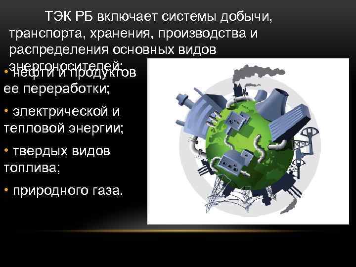 ТЭК РБ включает системы добычи, транспорта, хранения, производства и распределения основных видов энергоносителей: •