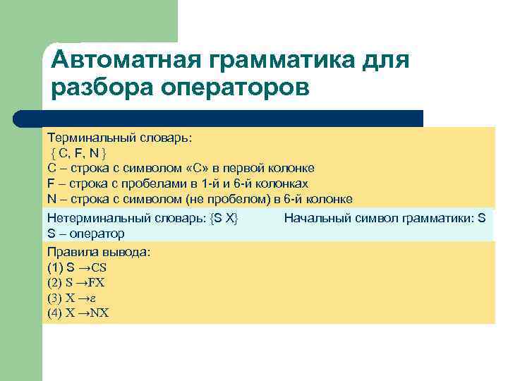 Автоматная грамматика для разбора операторов Терминальный словарь: { С, F, N } C –