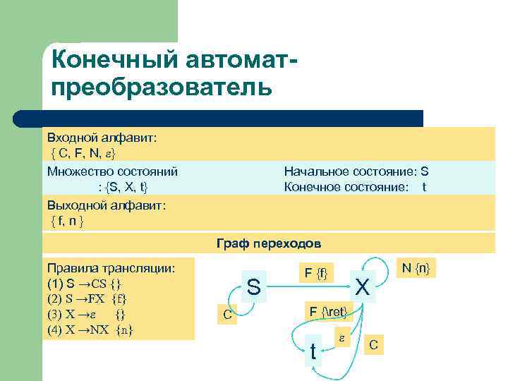 Конечный автоматпреобразователь Входной алфавит: { С, F, N, } Множество состояний : {S, X,