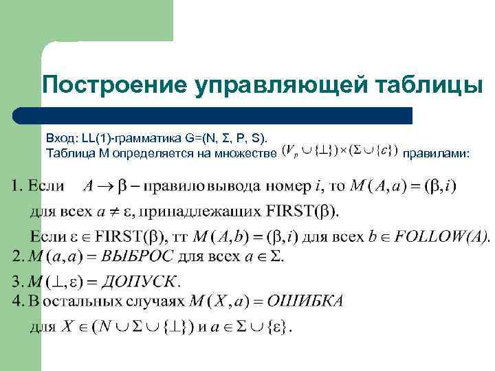 Построение управляющей таблицы Вход: LL(1)-грамматика G=(N, Σ, P, S). Таблица М определяется на множестве