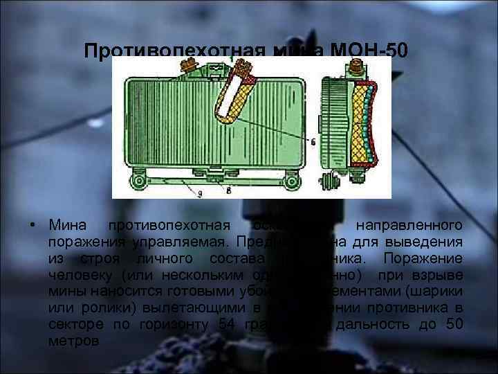 Противопехотная мина МОН-50 • Мина противопехотная осколочная направленного поражения управляемая. Предназначена для выведения из