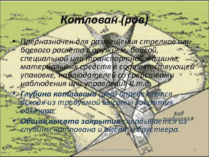 Котлован (ров) • Предназначен для размещения стрелков или боевого расчета с оружием, боевой, специальной