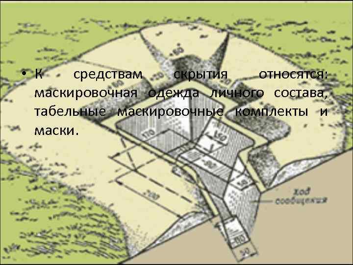  • К средствам скрытия относятся: маскировочная одежда личного состава, табельные маскировочные комплекты и