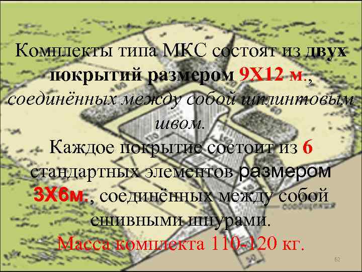 Комплекты типа МКС состоят из двух покрытий размером 9 Х 12 м. , соединённых