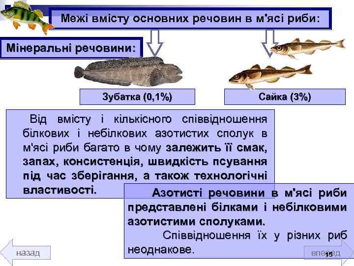 Межі вмісту основних речовин в м'ясі риби: Мінеральні речовини: Зубатка (0, 1%) Сайка (3%)