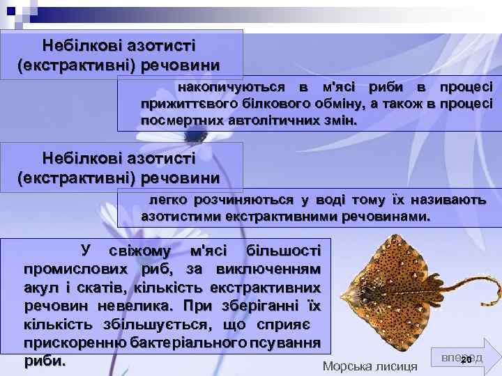 Небілкові азотисті (екстрактивні) речовини накопичуються в м'ясі риби в процесі прижиттєвого білкового обміну, а