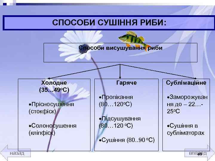 СПОСОБИ СУШІННЯ РИБИ: Способи висушування риби Холодне (35… 49 о. С) ·Прісносушення (стокфіск) ·Солоносушення