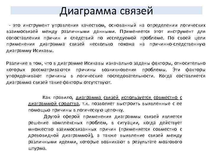 Диаграмма связей - это инструмент управления качеством, основанный на определении логических взаимосвязей между различными