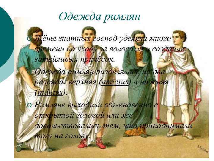 Одежда римлян Жёны знатных господ уделяли много времени по уходу за волосами и созданию