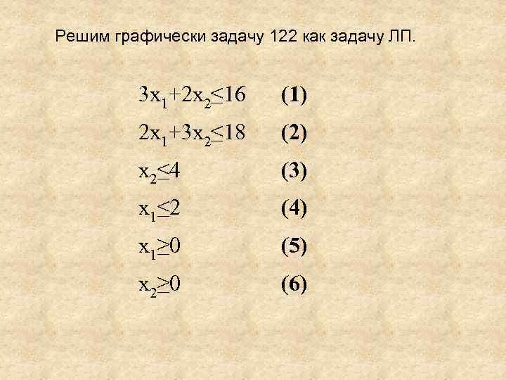 Решим графически задачу 122 как задачу ЛП. 3 x 1+2 x 2≤ 16 (1)