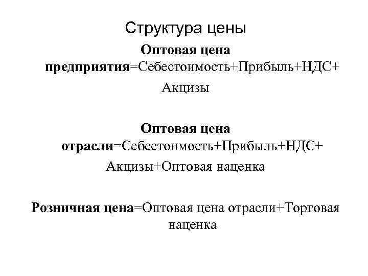 Структура цены Оптовая цена предприятия=Себестоимость+Прибыль+НДС+ Акцизы Оптовая цена отрасли=Себестоимость+Прибыль+НДС+ Акцизы+Оптовая наценка Розничная цена=Оптовая цена