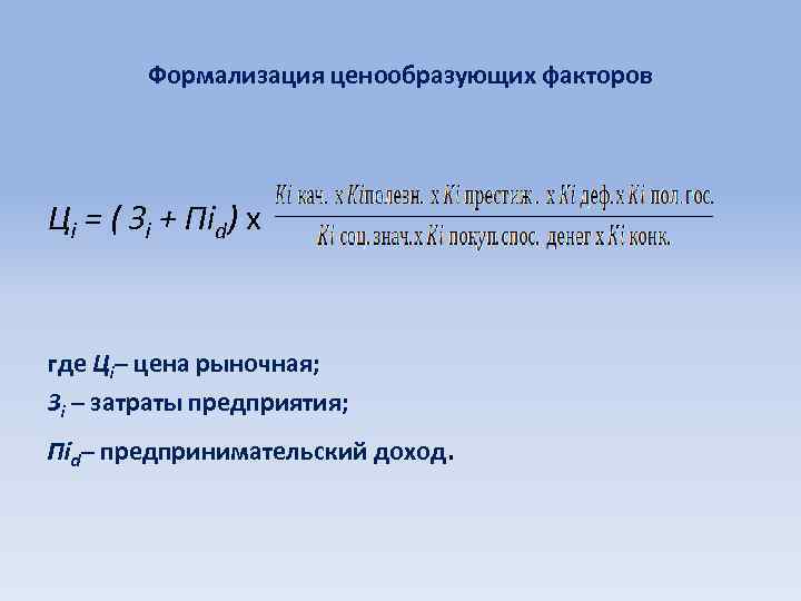 Формализация ценообразующих факторов Цi = ( Зi + Пid) х где Цi– цена рыночная;