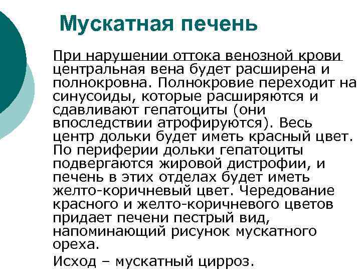 Мускатная печень При нарушении оттока венозной крови центральная вена будет расширена и полнокровна. Полнокровие