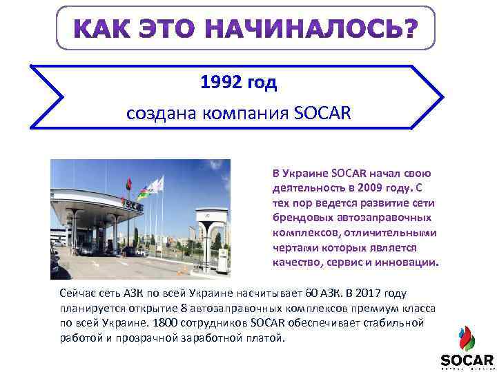 1992 год создана компания SOCAR В Украине SOCAR начал свою деятельность в 2009 году.