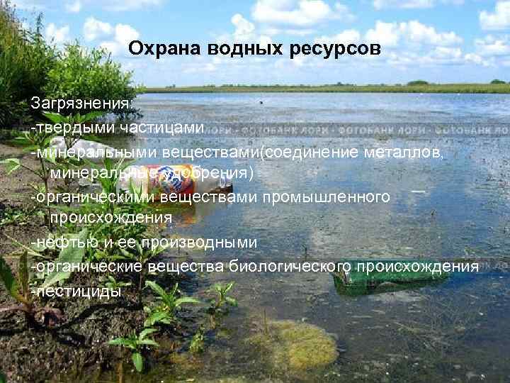 Охрана водных ресурсов Загрязнения: -твердыми частицами -минеральными веществами(соединение металлов, минеральные удобрения) -органическими веществами промышленного