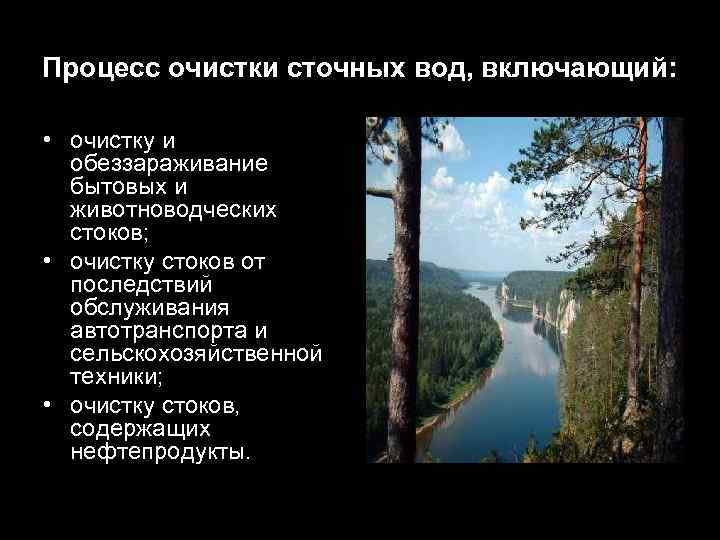 Процесс очистки сточных вод, включающий: • очистку и обеззараживание бытовых и животноводческих стоков; •