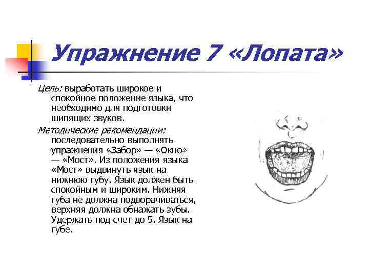 Упражнение 7 «Лопата» Цель: выработать широкое и спокойное положение языка, что необходимо для подготовки