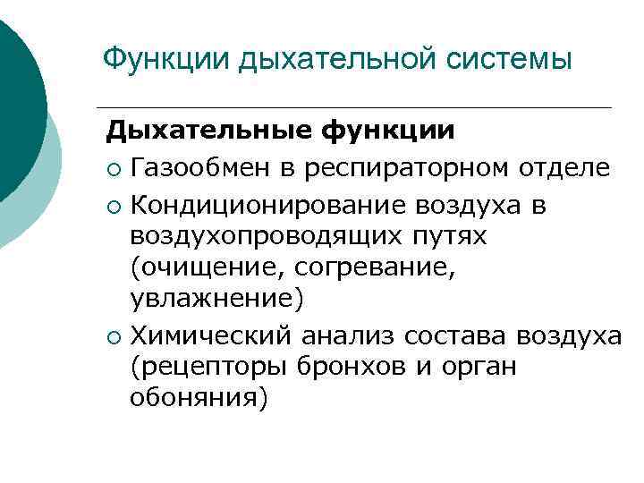 Функции дыхательной системы Дыхательные функции ¡ Газообмен в респираторном отделе ¡ Кондиционирование воздуха в