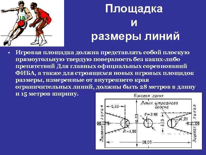 Площадка и размеры линий • Игровая площадка должна представлять собой плоскую прямоугольную твердую поверхность