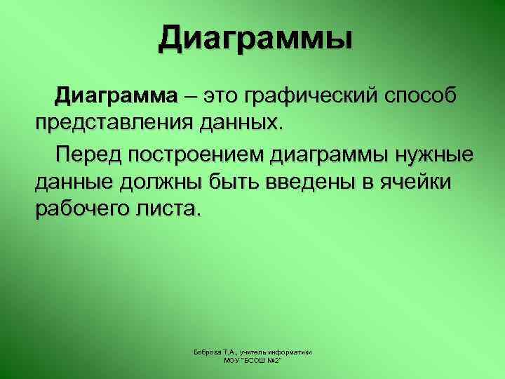 Диаграммы Диаграмма – это графический способ представления данных. Перед построением диаграммы нужные данные должны